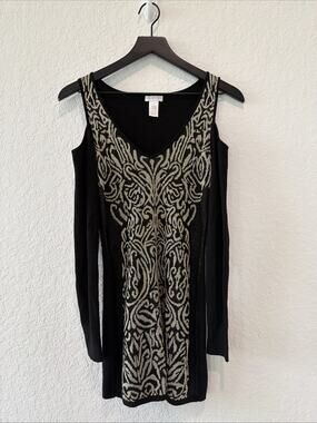 Cache Cold Shoulder Metallic Black Silver Gold Design Fitted Mini Dress Holiday